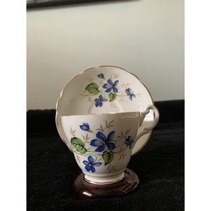 VTG Tea Cup Saucer England Royal Ascot Genuine Bone China Blue Violets Gold Trim